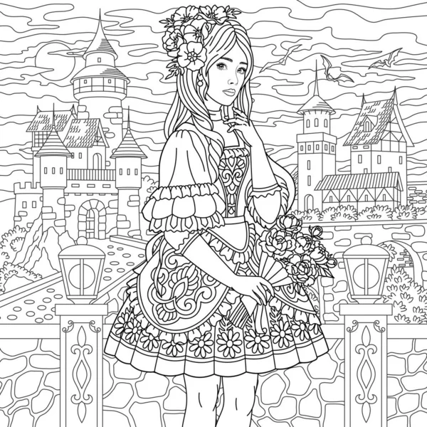 Vacker Ung Kvinna Med Blommig Bukett Vuxen Teckningar För Barn Royaltyfria illustrationer