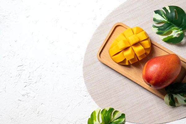 Mango Background Design Concept Top View Diced Fresh Mango Fruit — Stok Foto