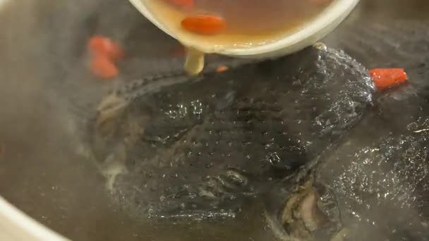 Pyszne Jedwabiste Kurczaki Zupa Kurczaka Czarnymi Kośćmi Chińską Medycyną Ziołową — Wideo stockowe