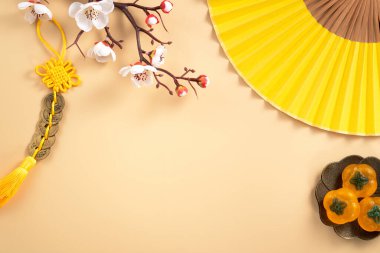 Beyaz erik çiçeği ve şenlikli dekorasyonla Çin 'in yeni yıl arkaplan fotokopi alanı tasarımı.