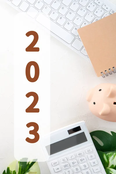 Annual financial budget and saving plan design concept with laptop, piggy bank, calculator and notebook with copy space on white table background.