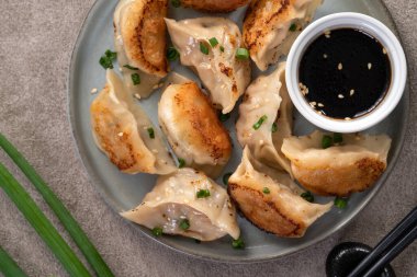 Tayvan ve Japon usulü kızarmış gyoza, gri masa arkasında soya sosu olan bir tabakta jiaozi yemeği yiyorlar..