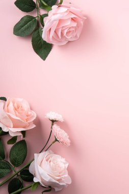 Sevgililer Günü ve Anneler Günü tasarım konsepti pembe gül, karanfil çiçeği ve pembe masa arkasında paketlenmiş hediye kutusu..