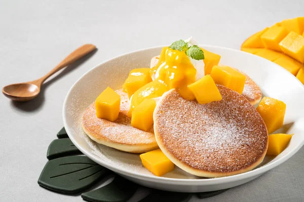 Delicious Japanese Souffle Pancake Dice Mango Fruit Pulps Jam Gray — Stock Photo, Image