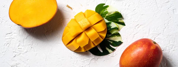 Mango Background Design Concept Top View Diced Fresh Mango Fruit — Fotografia de Stock