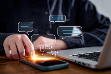 Concept of technology and business AI Chat bot ChatBot, global internet communication application. clipart