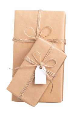 Beautiful gift box wrapped with ribbon bow isolated on white background.