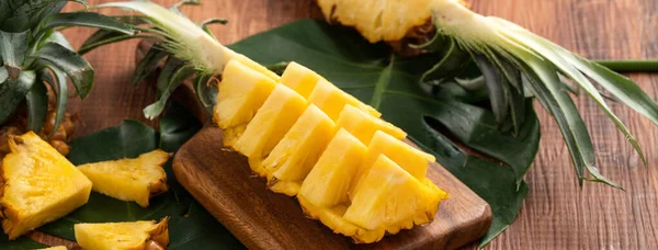 Close Fresh Cut Pineapple Tray Dark Wooden Table Background — Stock Photo, Image