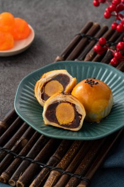 Design concept of Moon cake yolk pastry, mooncake for Mid-Autumn Festival holiday on dark gray table background