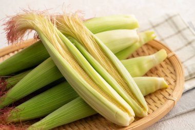 Çiğ, taze mısır kabuğunda, gri masa arkasında kırmızı ipek sepet elek tabağı..