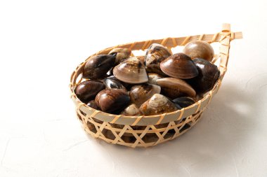 Çiğ ve taze midye kabuklu deniz ürünleri beyaz masa arkasında bir süzgeçte.