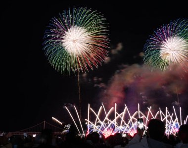 Busan Kore 'deki bir köprünün yakınındaki göz kamaştırıcı bir gece kutlamasında kalabalığın üzerinde parlak havai fişekler patladı..
