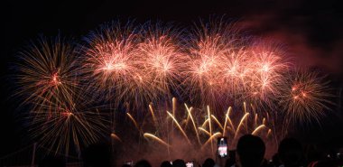 Busan Kore 'deki bir köprünün yakınındaki göz kamaştırıcı bir gece kutlamasında kalabalığın üzerinde parlak havai fişekler patladı..