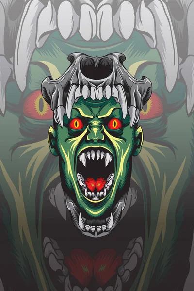 Infierno Demonio Con Lobo Cráneo Vector Ilustración — Archivo Imágenes Vectoriales