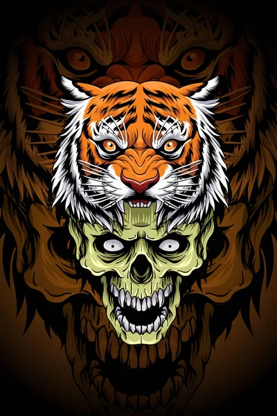 Crâne Avec Illustration Vectorielle Tigre — Image vectorielle