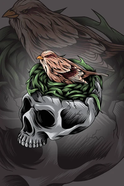 Skull Vogel Nest Vektor Illustration — Stockvektor