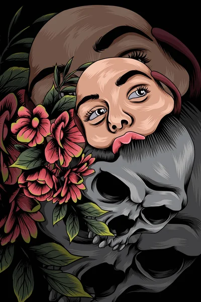 Cráneo Con Máscara Femenina Vector Ilustración — Vector de stock