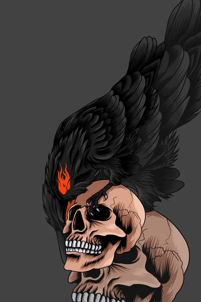 Cuervo Con Ilustración Vector Cráneo — Vector de stock