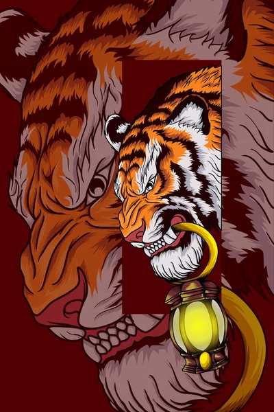 Tigre Avec Illustration Vectorielle Lanterne — Image vectorielle