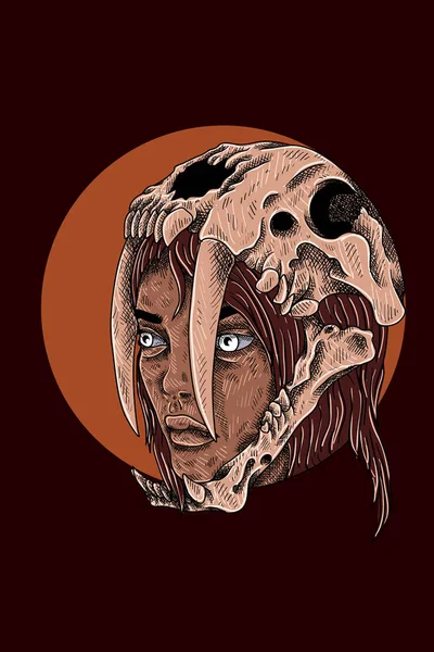 Chica Con Ilustración Vector Cráneo Tigre — Vector de stock