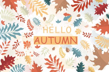  Suluboya arka planda sonbahar yaprakları olan vektör posteri. Sonbahar arkaplanı.