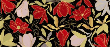  Siyah arka planda altın manolya çiçekleri olan vektör posteri. Çizgi sanatı.