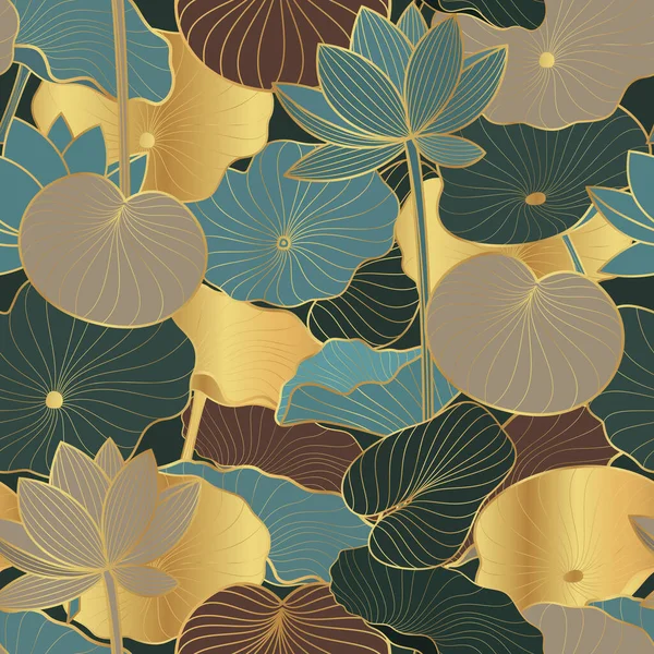 Nahtloses Vektormuster Mit Goldenen Lotusblättern Und Blüten Linienkunst — Stockvektor