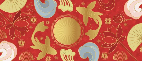 Baner Wektorowy Tradycyjnymi Chińskimi Elementami Ozdobą Karp Koi Kolorze Złotym — Wektor stockowy