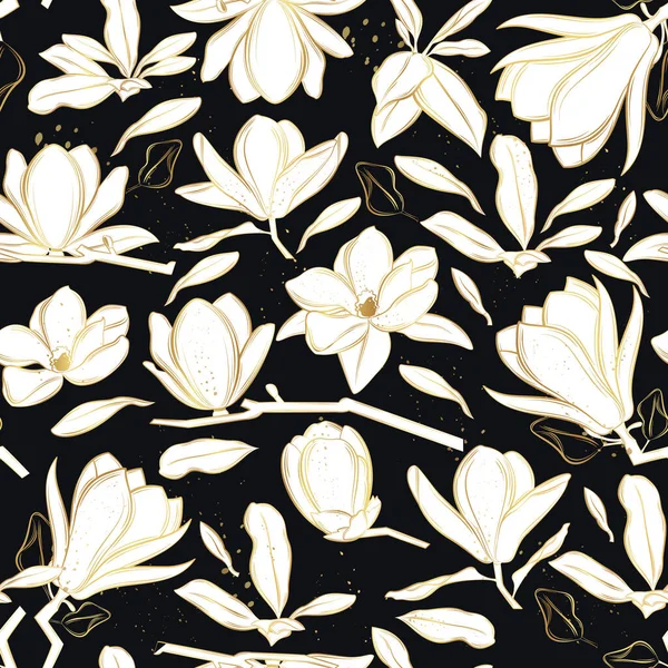 Nahtloses Vektormuster Mit Magnolienblüten Auf Schwarzem Hintergrund Linienkunst — Stockvektor
