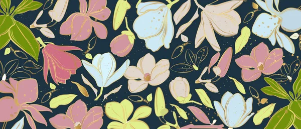 Vektor Poster Mit Goldenen Magnolienblüten Auf Schwarzem Hintergrund Linienkunst — Stockvektor