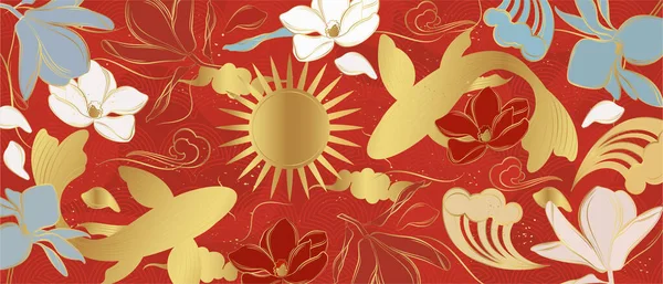 Baner Wektorowy Tradycyjnymi Chińskimi Elementami Ozdobą Karp Koi Kolorze Złotym — Wektor stockowy