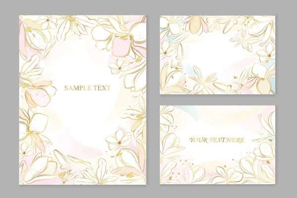 Jeu Cartes Postales Vectorielles Avec Magnolias Dorés Sur Fond Aquarelle — Image vectorielle
