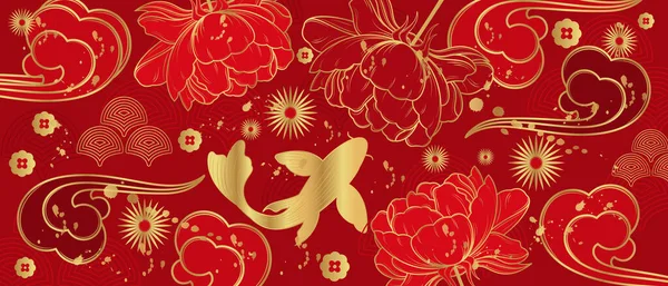 Banner Vectorial Con Elementos Adornos Tradicionales Chinos Carpa Koi Color — Vector de stock