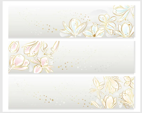Bandiera Vettoriale Con Fiori Oro Stile Art Line Fiori Magnolia — Vettoriale Stock