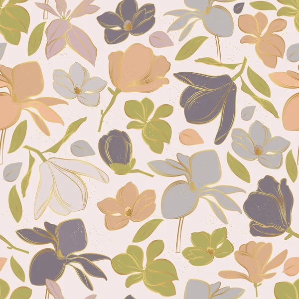 Nahtloses Vektormuster Mit Magnolienblüten Auf Hellem Hintergrund Linienkunst Vektorgrafiken