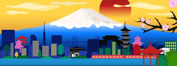 Plakat Wektorowy Japońskim Widokiem Miasto Japońskie Tradycyjne Postacie Widok Miasto — Wektor stockowy