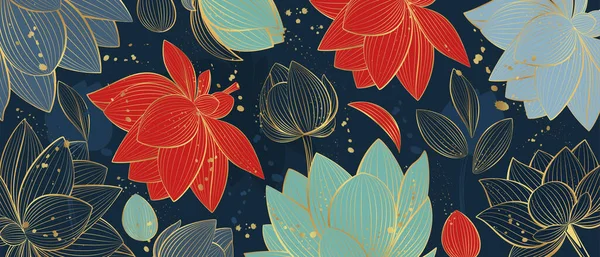 Vektor Poster Mit Lotusblumen Auf Blauem Hintergrund Linienkunst Stockillustration