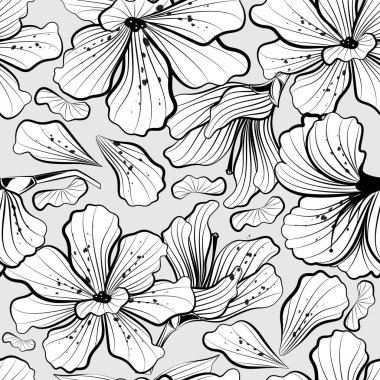   Gri arkaplanda çizgi sanatı tarzında çiçeklerle kusursuz vektör deseni.