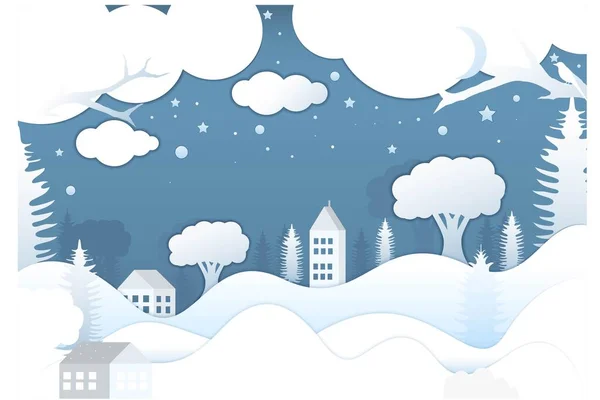 Vector Postcard Winter Theme Winter Landscape Paper Cut Background — Stock Vector