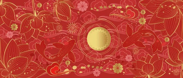 Vector Banner Traditional Chinese Elements Ornament Koi Carp Gold Color — Wektor stockowy