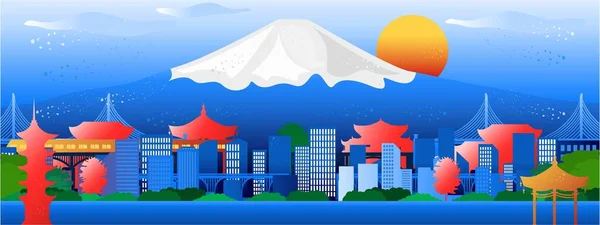 Vektoraffisch Med Japansk Utsikt Över Staden Japanska Traditionella Karaktärer Stadsutsikt — Stock vektor