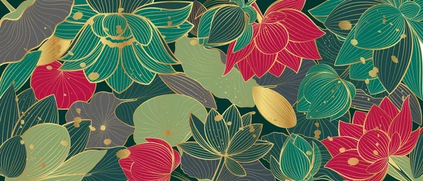 Vektorbanner Mit Goldenen Lotusblumen Linienkunst Asiatischer Hintergrund lizenzfreie Stockillustrationen