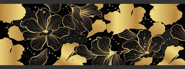 Vektorhintergrund Mit Goldenen Blumen Auf Schwarzem Hintergrund Linienkunst lizenzfreie Stockvektoren