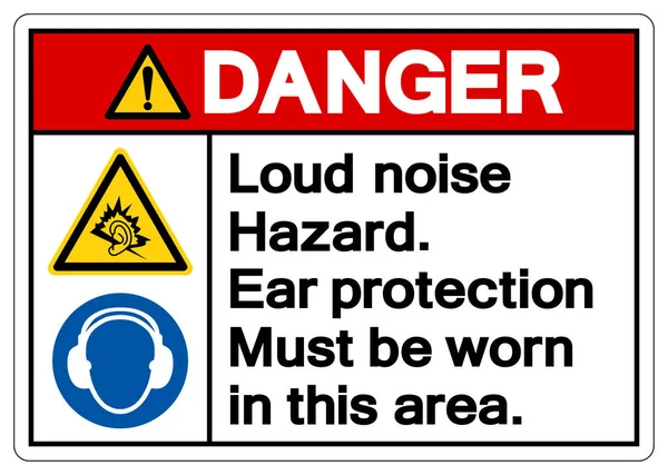 危険性のあるラウドノイズ危険性のある耳の保護は この領域で着用する必要がありますシンボルサイン ベクトルイラスト 白の背景ラベルに隔離します Eps10 — ストックベクタ