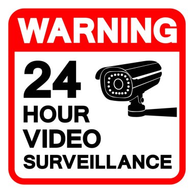 Uyarı: 24 Saat Video İzleme Sembol İşareti, Vektör İllüstrasyonu, Beyaz Arkaplan Etiketinde İzole Edilme. EPS10 