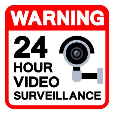 Uyarı: 24 Saat Video İzleme Sembol İşareti, Vektör İllüstrasyonu, Beyaz Arkaplan Etiketinde İzole Edilme. EPS10 
