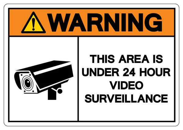 警告此区域处于 小时视频监控符号 矢量插图 白色背景标签上的隔离 Eps10 — 图库矢量图片