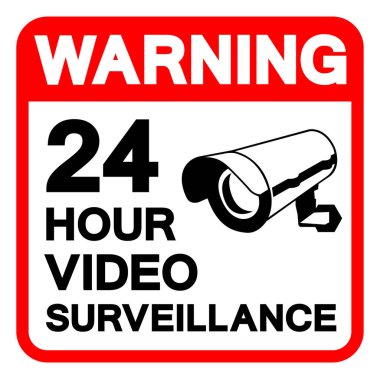 Uyarı: 24 Saat Video İzleme Sembol İşareti, Vektör İllüstrasyonu, Beyaz Arkaplan Etiketinde İzole Edilme. EPS10 