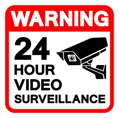 Uyarı: 24 Saat Video İzleme Sembol İşareti, Vektör İllüstrasyonu, Beyaz Arkaplan Etiketinde İzole Edilme. EPS10 