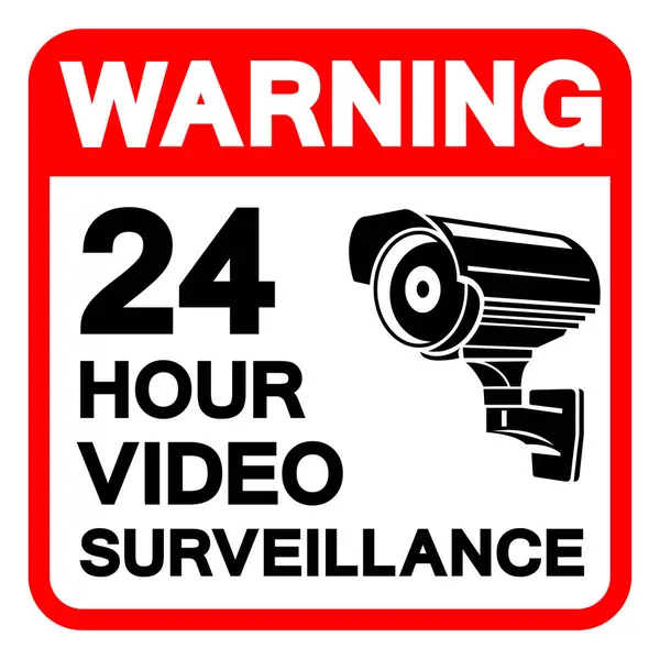 警告24時間ビデオ監視シンボルサイン ベクトルイラスト 白の背景ラベルに分離 Eps10 — ストックベクタ